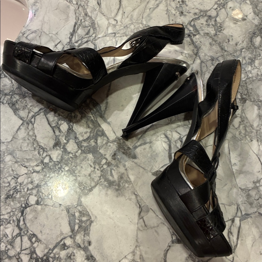 MICHAEL Michael Kors Black Croc-Embossed Platform Slingback Heels - Picture 16 of 16
